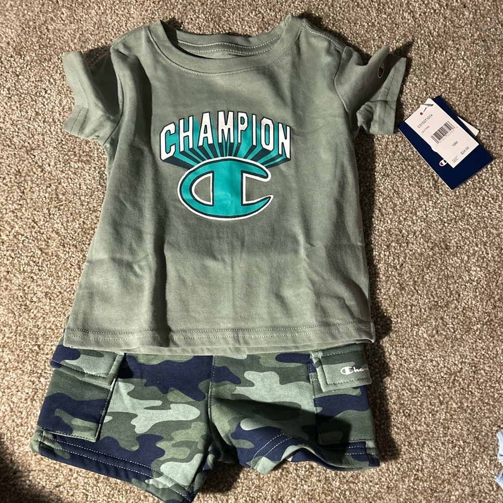 Champion Green Tee and Camo Shorts Set